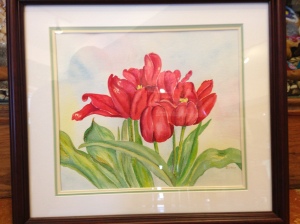 Wind Blown Tulips by Joan Marr Framed Original Watercolor Painting (16 x 15) $200
